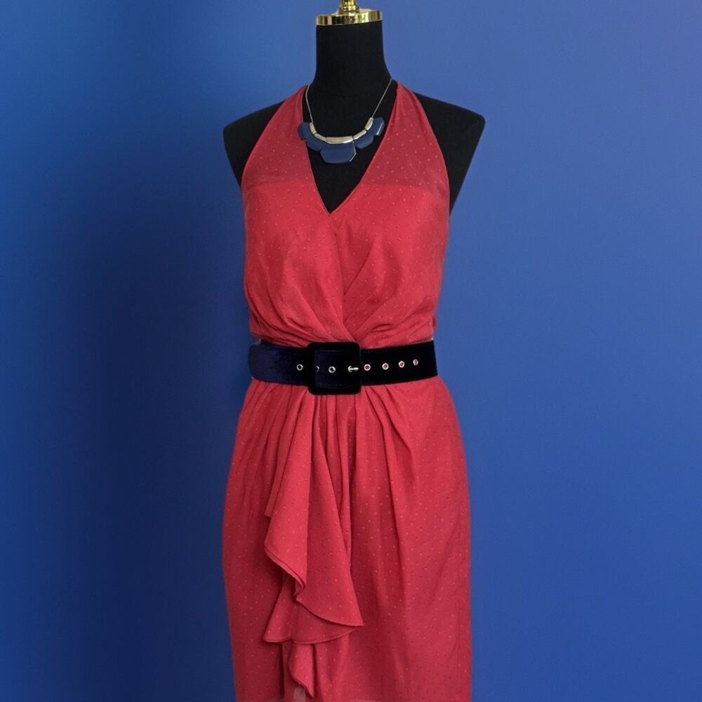NWT Vince Camuto Red Coral Swiss Dot Draped Halter Dress | Summer Wedding | Boho